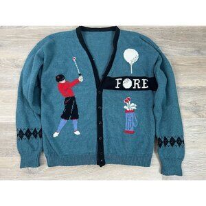 Golf Themed Knit Cardigan Sweater Men's Large Grandpa Button Up 90s Golfing
